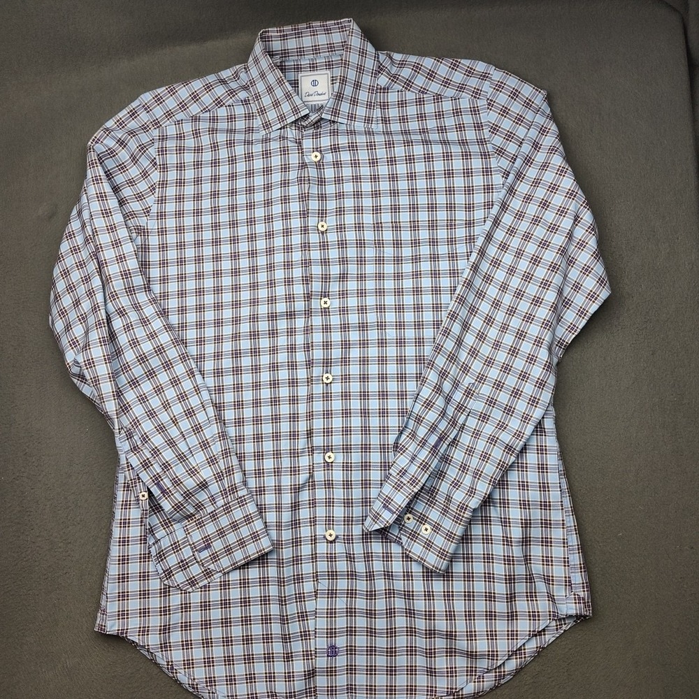 David Donahue Shirt Mens Medium Blue Plaid Button Up Spread Dress Work School - Picture 2 of 12